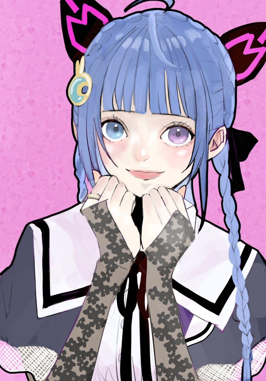 1girl ahoge animal_ears assault_lily black_bow black_bridal_gauntlets black_capelet black_ribbon blue_eyes blue_hair blunt_bangs blush bow braid bridal_gauntlets capelet cat_ears closed_mouth commentary_request crescent crescent_hair_ornament crown_braid fake_animal_ears hair_bow hair_ornament hands_on_own_chin heterochromia highres jewelry long_hair looking_at_viewer low_twin_braids neck_ribbon pink_background purple_eyes ribbon ring sally_(allogkk) school_uniform shirt short_sleeves side_braids smile solo tetsukawa_toa twin_braids upper_body white_shirt yurigaoka_girls_academy_school_uniform
