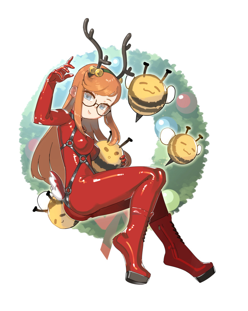 1girl bell blue_eyes bodysuit breasts chikuwa_fan973 christmas fake_antlers freckles full_body glasses harness heel-less_heels highres hoof_shoes jingle_bell latex latex_bodysuit long_hair looking_at_viewer medium_breasts orange_hair original pony_play red_bodysuit round_eyewear shiny_clothes siri_jay skin_tight smile solo
