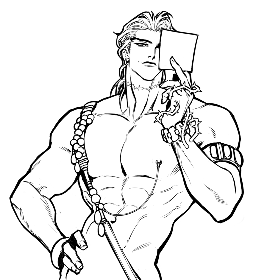 1boy abs dio_brando hermit_purple highres holding huang_lia jojo_no_kimyou_na_bouken long_hair male_focus monochrome muscular muscular_male navel nipple_piercing nipples nude pectorals photo_(object) piercing plant scar scar_on_neck smile solo standing vines