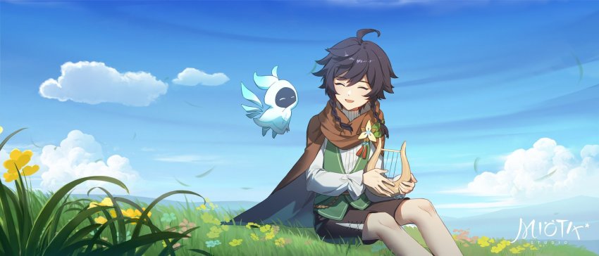 1boy 1other ahoge artist_name barbatos_(genshin_impact) belt black_hair black_shorts blue_flower blue_sky braid brown_belt brown_cloak chinese_commentary cloak closed_eyes cloud cloudy_sky commentary_request darkcatowo flower flying genshin_impact grass green_vest grey_pantyhose grey_shirt hair_between_eyes hands_up highres holding holding_instrument instrument leaf long_sleeves lyre nameless_bard_(genshin_impact) no_headwear open_mouth outdoors pantyhose pink_flower pom_pom_(clothes) puffy_long_sleeves puffy_sleeves shirt short_hair shorts sitting sky smile twin_braids vest yellow_flower