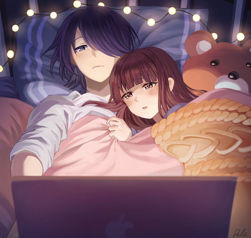 1boy 1girl bed black_eyes blanket brown_eyes brown_hair closed_mouth couple dule_(anhaidule) hair_over_one_eye hetero highres iino_miko ishigami_yuu kaguya-sama_wa_kokurasetai_~tensai-tachi_no_renai_zunousen~ lamp long_hair lying macbook open_mouth pillow purple_hair stuffed_animal stuffed_toy teddy_bear