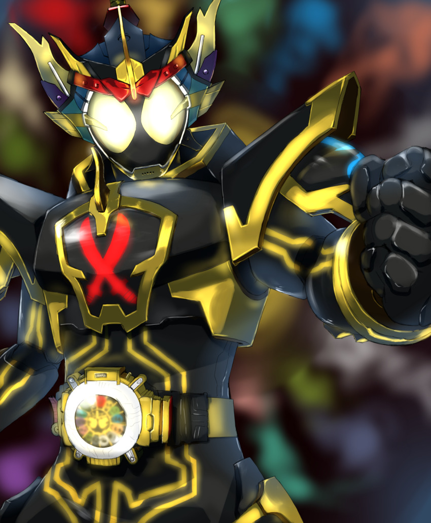 1boy armor black_armor black_bodysuit blurry blurry_background bodysuit clenched_hand commentary eyecon eyecon_driver_g highres horns kamen_rider kamen_rider_ghost kamen_rider_ghost_(grateful_damashii) kamen_rider_ghost_(series) looking_at_viewer musashi_damashii newton_damashii rider_belt shoulder_armor somechime_(sometime1209) upper_body yellow_eyes