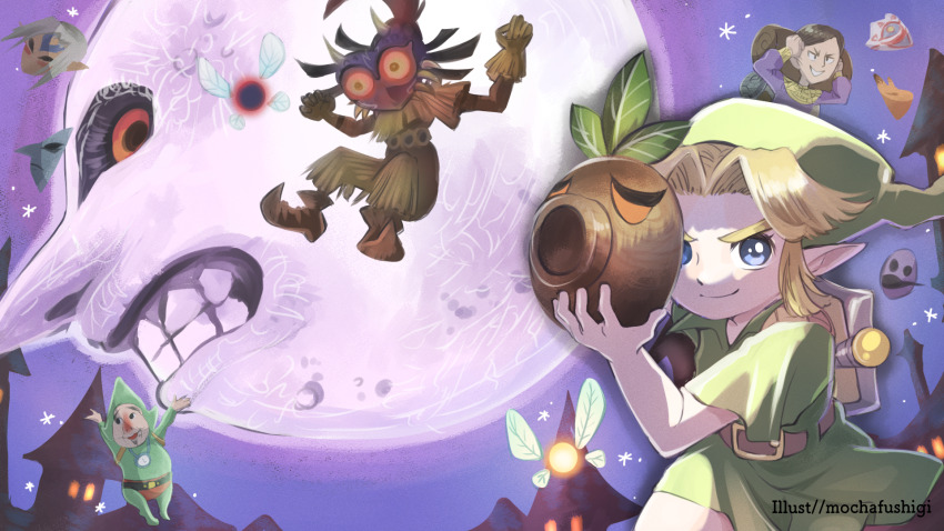 4boys artist_name belt blonde_hair brown_belt clenched_teeth closed_mouth deku_mask fairy fierce_deity fierce_deity_mask gloves green_tunic happy_mask_salesman highres holding holding_mask keaton_mask majora_(entity) mask mask_of_truth mocha_fushigi moon_(zelda) multiple_boys night nintendo pointy_ears pointy_footwear skull_kid smile star_(sky) stone_mask tael tatl teeth the_legend_of_zelda the_legend_of_zelda:_majora&#039;s_mask tingle tunic zora_mask