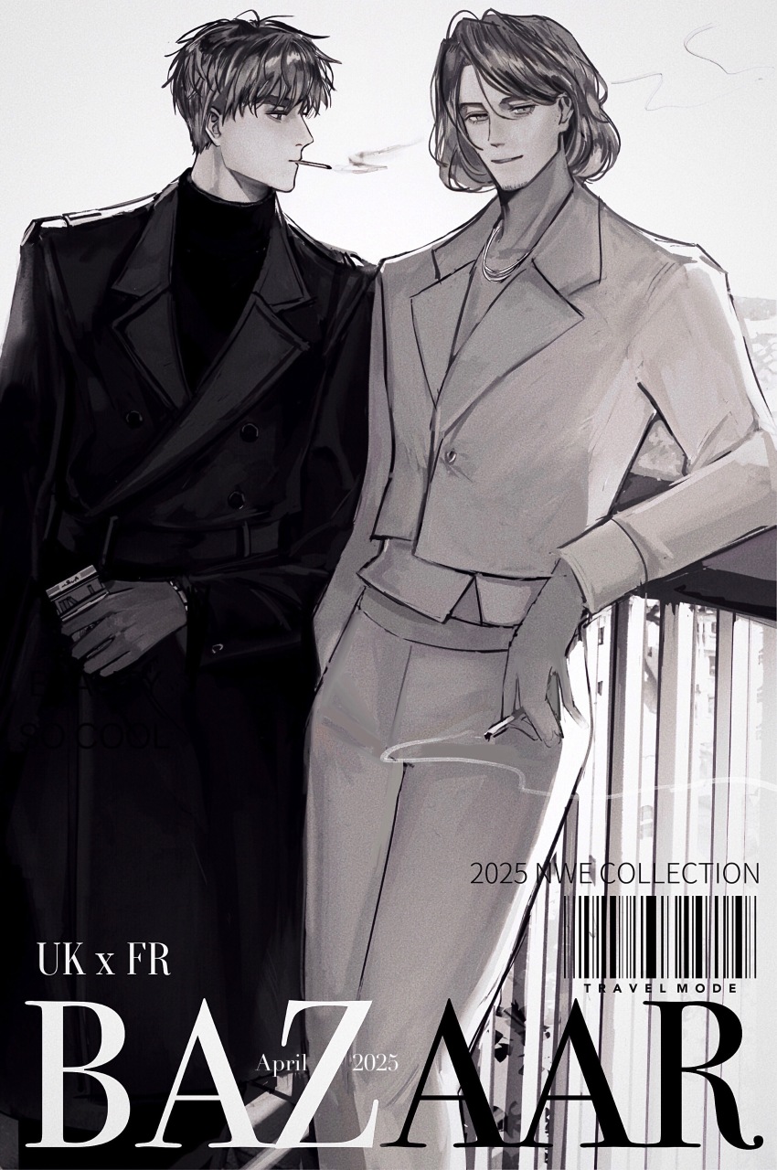 2boys absurdres axis_powers_hetalia barcode cigarette coat cover english_text facial_hair fake_magazine_cover france_(hetalia) goatee_stubble greyscale highres jacket jewelry long_sleeves looking_at_another looking_at_viewer magazine_cover male_focus medium_hair monochrome mouth_hold multiple_boys necklace pants shirt short_hair smile smoking stubble thick_eyebrows united_kingdom_(hetalia) wanlaijuji132