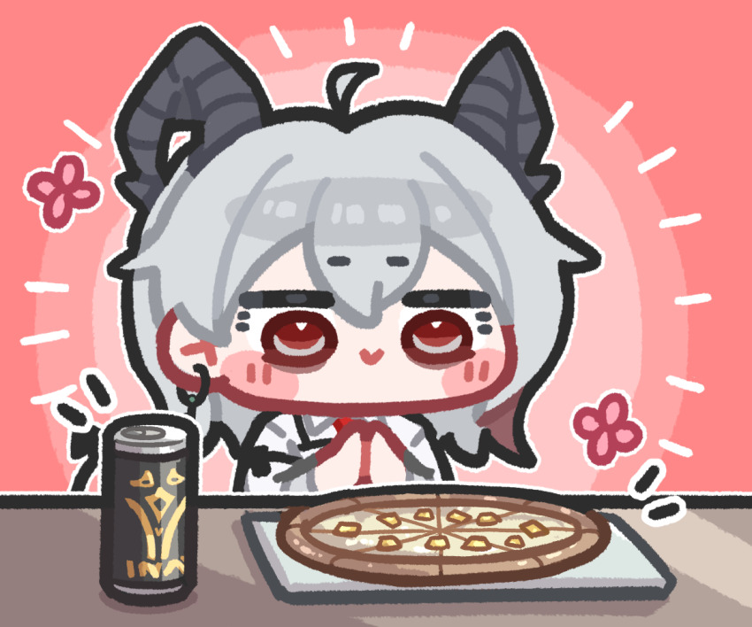 1girl :&gt; beer_can black_horns can chibi chibi_only commentary_request curled_horns drink_can earrings food grey_hair hawaiian_pizza horns jewelry key_earrings korean_commentary long_hair monyami own_hands_together pineapple_on_pizza pizza red_background red_eyes shirt smile solo white_shirt wuthering_waves zani_(wuthering_waves)