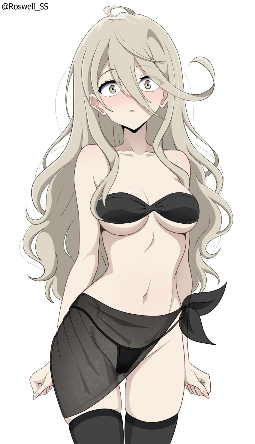 1girl :o absurdres ahoge artist_name bare_arms bare_shoulders bikini black_bikini black_thighhighs blonde_hair blush breasts collarbone cowboy_shot groin hair_between_eyes highres large_breasts long_hair make_heroine_ga_oo_sugiru! navel orange_eyes roswell_ss shikiya_yumeko simple_background skindentation solo stomach swimsuit thighhighs white_background