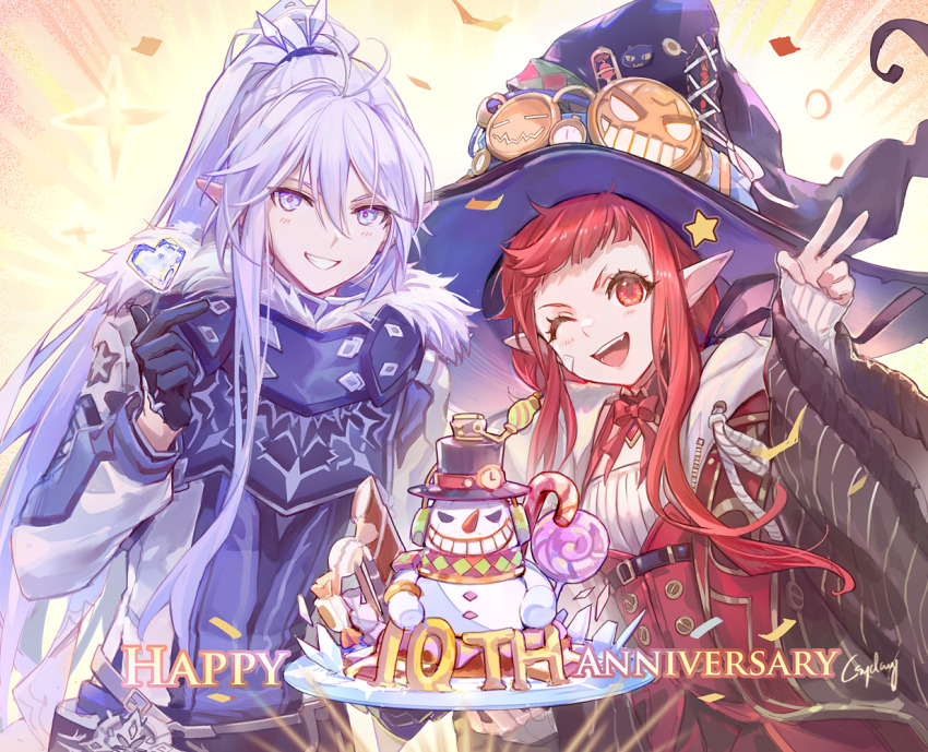 1boy 1girl anniversary black_jacket blue_eyes blue_jacket csyday dress dungeon_and_fighter female_mage_(dungeon_and_fighter) fur_trim glacial_master_(dungeon_and_fighter) happy_anniversary hat heart high_ponytail jacket large_hat long_hair long_sleeves looking_at_viewer male_mage_(dungeon_and_fighter) multicolored_jacket one_eye_closed open_mouth pointy_ears ponytail purple_hat red_dress red_eyes red_hair red_jacket shirt sidelocks smile solo teeth two-tone_jacket two-tone_shirt upper_body upper_teeth_only very_long_hair white_hair white_jacket white_shirt wide_sleeves witch_(dungeon_and_fighter) witch_hat