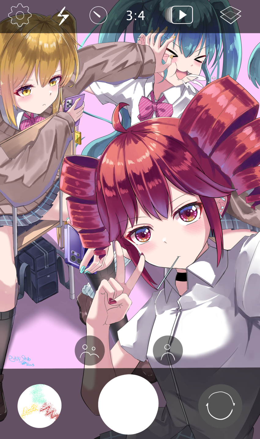 &gt;_&lt; 3girls absurdres akita_neru alternate_costume bag black_choker blonde_hair blue_hair blush bow bowtie brown_cardigan cardigan cellphone chair choker drill_hair ear_piercing fake_phone_screenshot fake_screenshot fang fingernails hair_between_eyes hatsune_miku highres holding holding_phone kasane_teto long_hair miniskirt multiple_girls open_mouth phone piercing pink_bow pink_bowtie pinstripe_bowtie red_eyes red_hair red_nails ryuu_shuo saliva school_chair shirt short_sleeves sitting sitting_backwards skirt smartphone triple_baka_(vocaloid) triple_ryuunen twin_drills twintails unworn_bag utau very_long_hair vocaloid white_shirt yellow_eyes yellow_nails