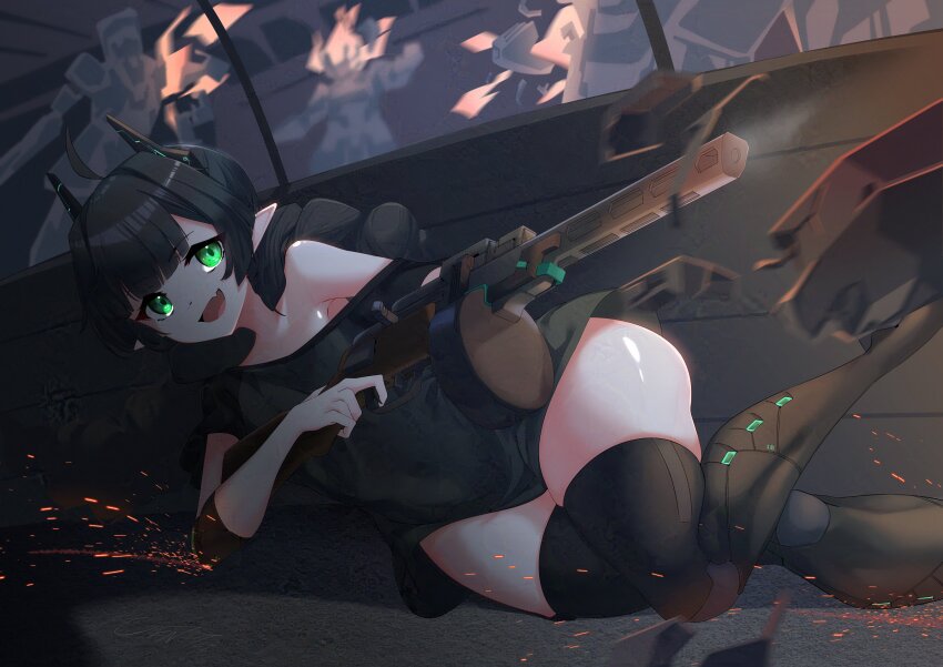 1girl :d absurdres black_horns black_thighhighs braid commission elf elfinpsyop green_eyes gun highres holding holding_gun holding_weapon horns indie_virtual_youtuber long_hair open_mouth pointy_ears second-party_source smile solo sparks submachine_gun thick_thighs thighhighs thighs thompson_submachine_gun twin_braids uhen virtual_youtuber weapon