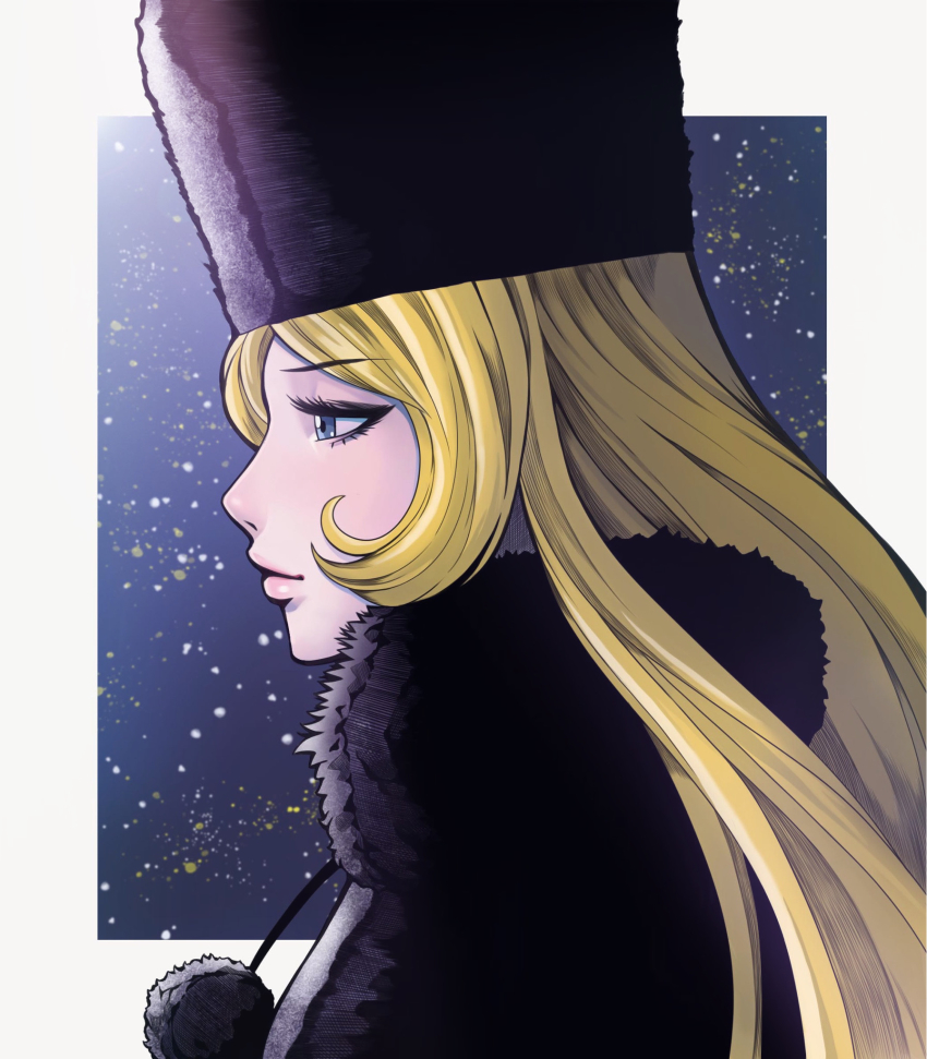 1girl blonde_hair brown_eyes commentary eyelashes fur_hat ginga_tetsudou_999 hat highres lips long_hair maetel solo to-ru