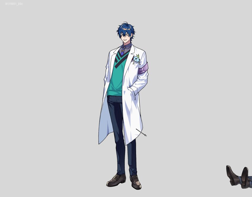 1198b1_oov 1boy animal animal_in_clothes aqua_sweater_vest armband blue_hair blue_necktie blue_pants brown_shoes closed_eyes coat full_body glasses grey_background grey_shirt hands_in_pockets highres lab_coat leos_vincent leos_vincent_(1st_costume) male_focus mameneko_(leos_vincent) necktie nijisanji pants pinstripe_pants pinstripe_pattern purple_armband shirt shoes short_hair simple_background smile teeth tie_clip virtual_youtuber white_coat