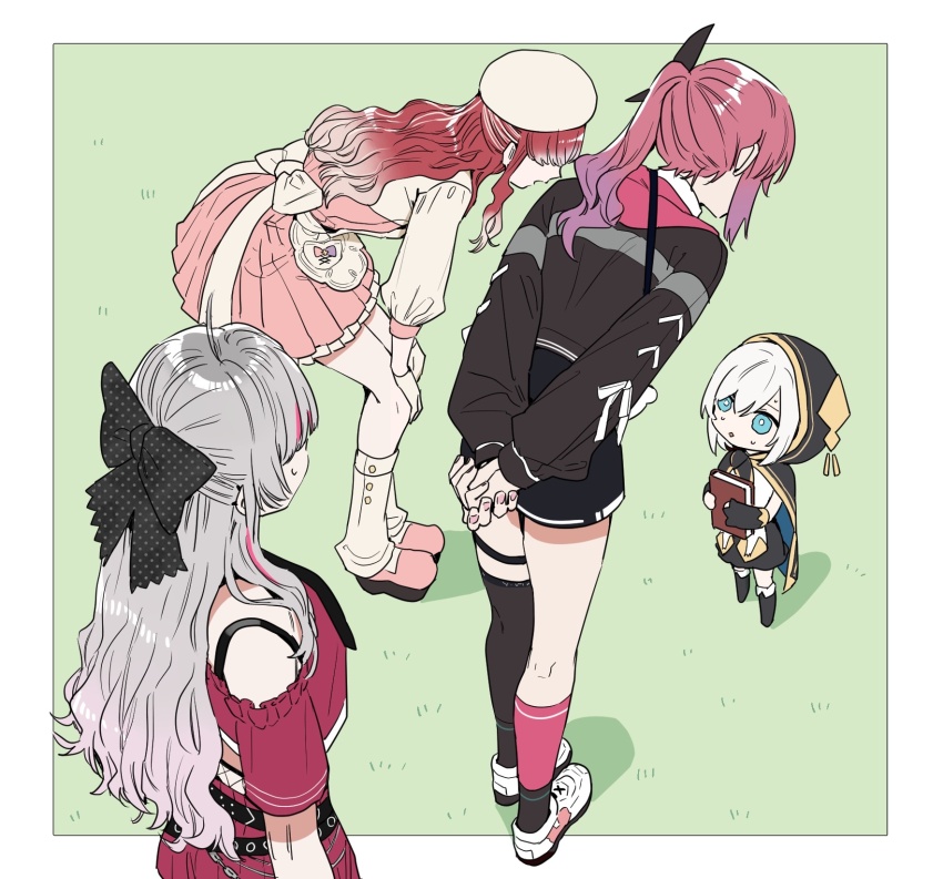 4girls ahoge apron arms_behind_back ars_almal ars_almal_(1st_costume) asymmetrical_legwear back_bow belt beret black_belt black_boots black_bow black_cloak black_jacket black_necktie black_shorts black_skirt black_socks black_thighhighs blue_eyes book boots border bow bright_pupils bullying chibi cloak commentary_request cropped_shirt dress from_behind gloves gradient_hair grass grey_hair hair_bow half_updo hand_on_own_knee hat height_difference highres holding holding_book hood hood_up ishigami_nozomi ishigami_nozomi_(1st_costume) jacket kuramochi_meruto kuramochi_meruto_(1st_costume) leaning_forward long_hair long_sleeves looking_at_another looking_up mismatched_legwear multicolored_hair multiple_belts multiple_girls nail_polish necktie nijisanji off-shoulder_shirt off_shoulder outside_border parted_lips pink_dress pink_hair pink_nails pink_shoes pink_socks pleated_dress polka_dot polka_dot_bow ponytail purple_hair purple_shirt purple_skirt red_hair saotome_berry saotome_berry_(1st_costume) shirt shoes short_dress short_sleeves shorts sidelocks single_bare_shoulder single_thighhigh skirt socks standing streaked_hair sweat thigh_strap thighhighs tomatosoup001 two-tone_hair virtual_youtuber white_apron white_border white_bow white_gloves white_hair white_hat white_pupils white_shirt white_shoes white_socks