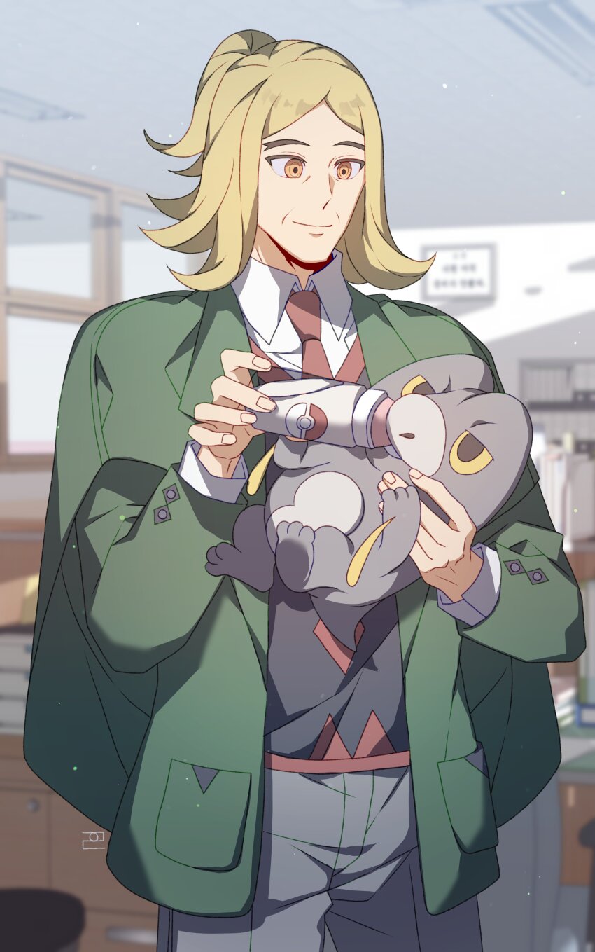 1boy absurdres blonde_hair blurry blurry_background bottle closed_mouth commentary_request feeding frigibax green_jacket grey_pants hassel_(pokemon) highres holding holding_pokemon jacket korean_commentary male_focus medium_hair milk milk_bottle nintendo open_clothes open_jacket pants poke_ball_print pokemon pokemon_(creature) pokemon_sv print_bottle ringed_eyes smile solo stellaofastra yellow_eyes