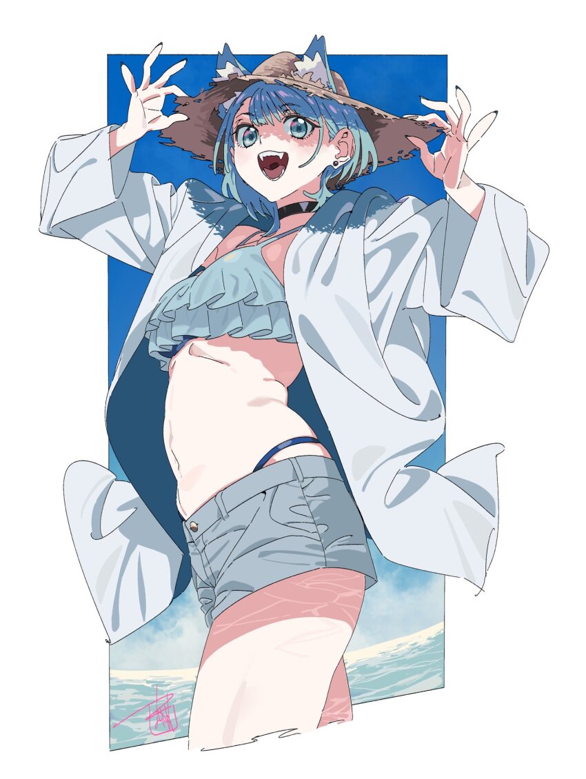 1girl animal_ears fangs hat highres machi_(wm) navel original shirt shorts solo stomach straw_hat swimsuit