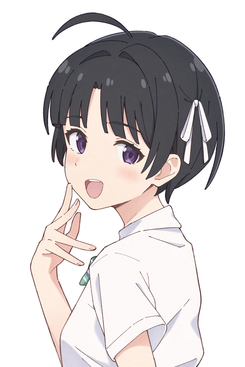 1girl absurdres ahoge alternate_hair_length alternate_hairstyle awa_subaru black_hair blush commentary eyelashes fingernails from_side girls_band_cry hair_intakes hair_ribbon highres looking_at_viewer looking_to_the_side mimori_(mimori_05) open_mouth purple_eyes ribbon shirt short_hair short_sleeves simple_background smile solo teeth turning_head upper_body upper_teeth_only very_short_hair white_background white_ribbon white_shirt