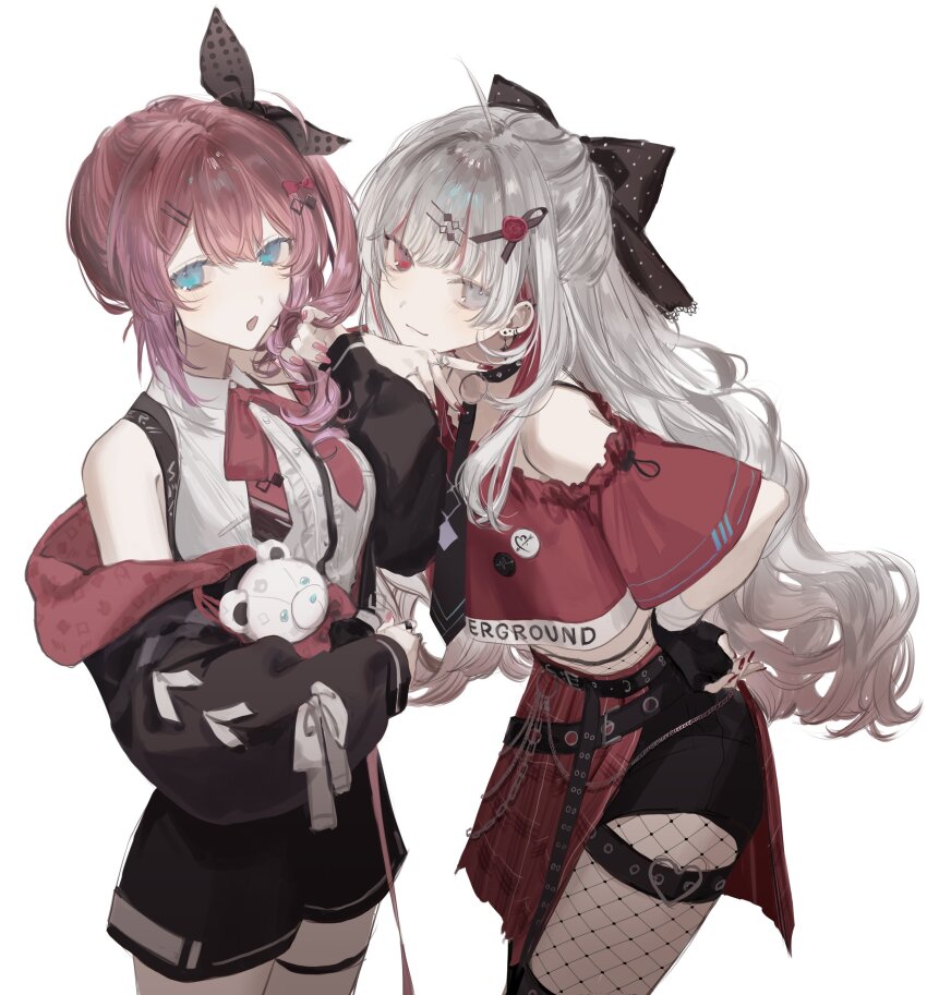 2girls absurdres black_bow black_collar black_gloves black_jacket black_shorts blue_eyes bow collar cropped_jacket fingerless_gloves fishnet_pantyhose fishnets gloves gradient_hair grey_eyes grey_hair heterochromia highres ishigami_nozomi ishigami_nozomi_(1st_costume) jacket kuramochi_meruto kuramochi_meruto_(1st_costume) long_hair midriff multicolored_hair multiple_girls nijisanji off_shoulder pantyhose pink_eyes pink_hair red_nails red_shirt red_skirt rene_(kuramochi_meruto) senri_(rnd_024) shirt shorts shorts_under_skirt side_ponytail side_slit simple_background single_glove skirt thigh_strap virtual_youtuber white_background white_shirt