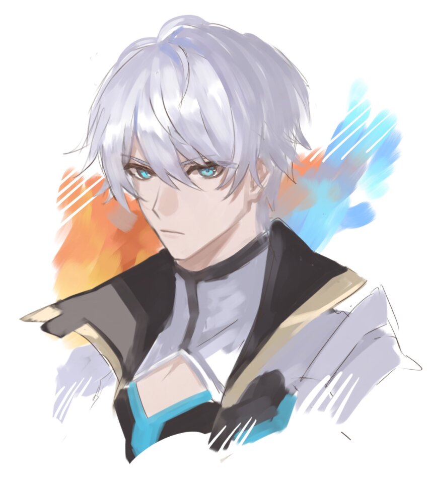 1boy blue_eyes coat grey_hair hair_between_eyes highres honkai_(series) honkai_impact_3rd kevin_kaslana looking_at_viewer male_focus short_hair solo tanemaki_monaka teeth upper_teeth_only white_background white_coat