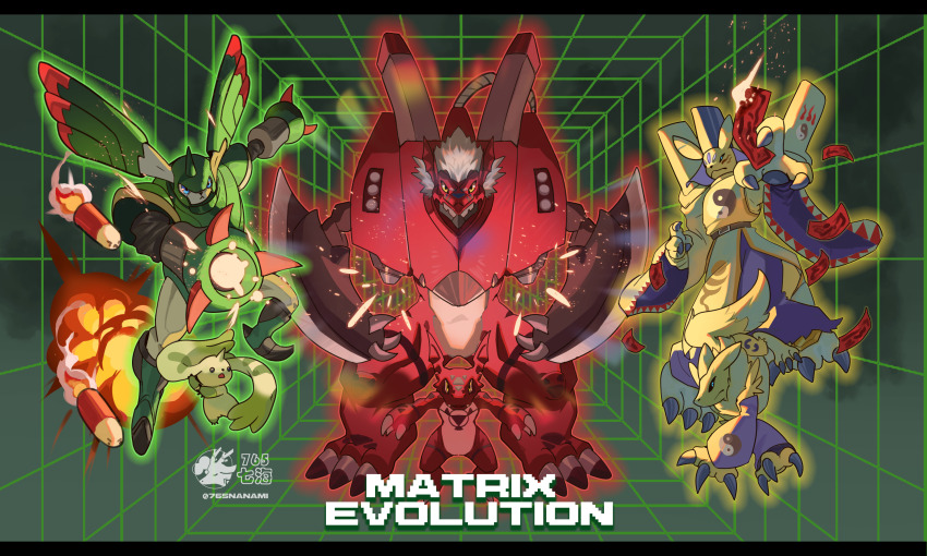 765_nanami arm_blade arm_cannon armor artist_logo artist_name black_sclera blue_eyes body_fur colored_sclera cyborg digimon digimon_(creature) digimon_tamers dinosaur dragon evolutionary_line full_body green_armor green_background group_picture guilmon highres kitsune logo megalogrowmon missile ofuda rabbit rapidmon red_armor red_fur red_scales renamon robe short_hair taomon terriermon twitter_username weapon white_hair yellow_eyes