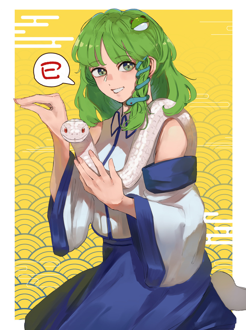 1girl absurdres arm_up bare_shoulders blue_skirt blue_sleeve_cuffs blue_trim collared_shirt commentary_request detached_sleeves egasumi frog_hair_ornament green_eyes green_hair hair_ornament highres kochiya_sanae looking_at_viewer medium_hair nanaironokabi nose open_mouth outside_border red_eyes seigaiha seiza shadow_puppet shirt sitting skirt sleeveless sleeveless_shirt smile snake snake_hair_ornament snake_on_shoulder socks solo teeth touhou white_shirt white_socks yellow_background