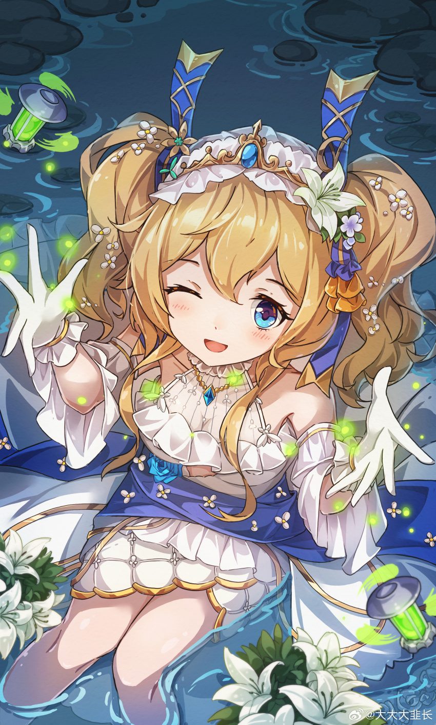 1girl ;d absurdres alternate_costume bare_shoulders blonde_hair blue_eyes blush breasts bug detached_sleeves dress firefly flower from_above gloves glowworm_(warship_girls_r) hair_between_eyes hair_flower hair_ornament highres insect lily_(flower) long_hair looking_at_viewer one_eye_closed open_mouth sitting smile soaking_feet solo tiara twintails warship_girls_r water watermark weibo_watermark white_dress white_flower white_gloves