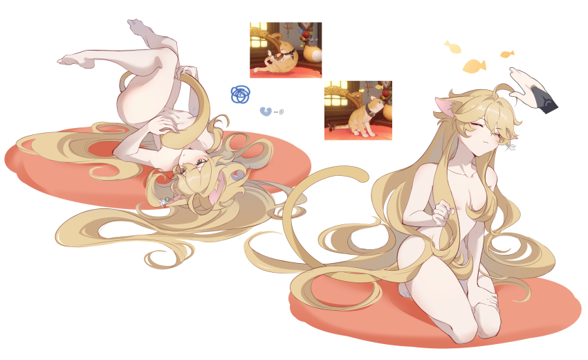 2boys absurdres aether_(genshin_impact) ahoge animal_ears cat cat_boy cat_ears cat_tail chinese_commentary closed_eyes collar commentary disembodied_hand earrings genshin_impact headpat highres jewelry legs_up long_hair multiple_boys nude reference_inset scaramouche_(genshin_impact) solo_focus suanjiaogao tail trap wanderer_(genshin_impact) yaoi