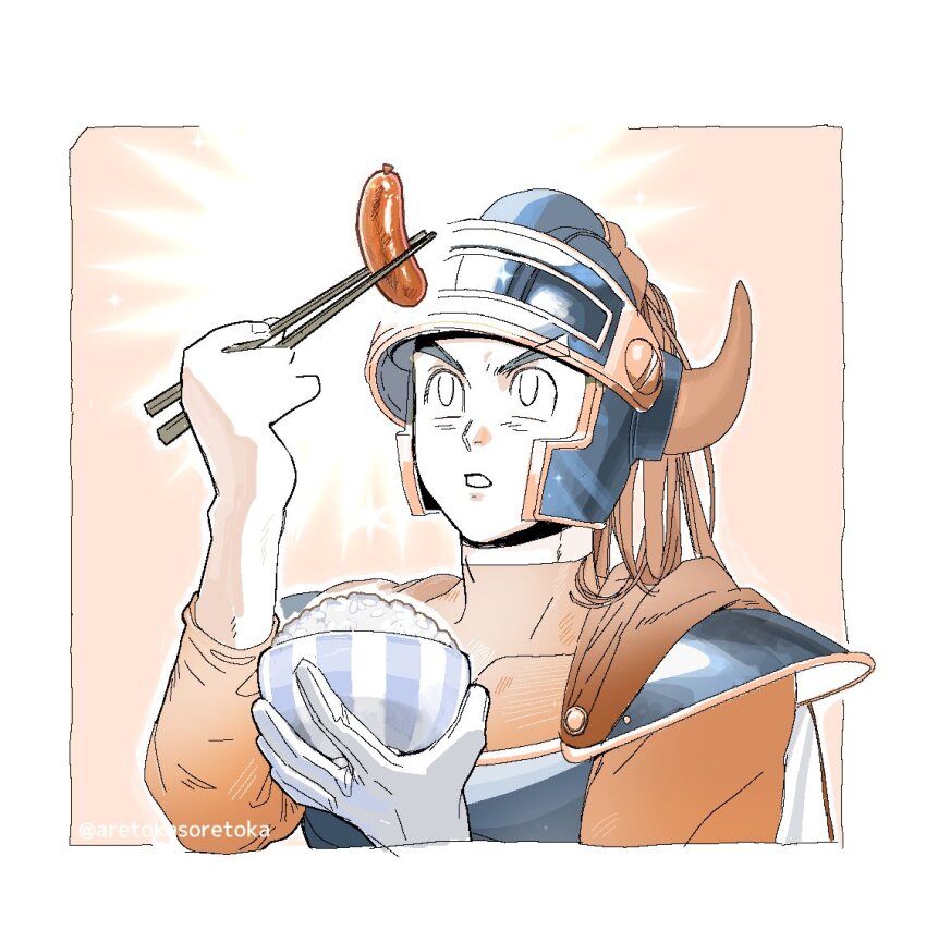 1boy aretokasoretoka armor blue_armor blue_helmet bodysuit bowl brown_footwear cape chopsticks commentary_request covered_collarbone dragon_quest dragon_quest_i fake_horns food gloves helmet hero_(dq1) holding holding_chopsticks horned_helmet horns looking_at_food looking_at_object looking_up male_focus muscular muscular_male no_pupils open_mouth orange_bodysuit red_cape red_horns rice rice_bowl sausage single_glove solo twitter_username upper_body white_gloves