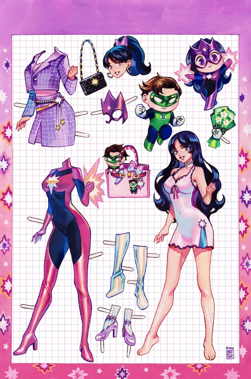 :&gt; artist_name bag barefoot blue_hair breasts brown_hair carol_ferris choker collarbone comic_cover covered_navel dc_comics earrings full_body gouache_(medium) green_lantern green_lantern_(series) hal_jordan handbag high_heels high_ponytail highres jewelry long_hair looking_at_viewer medium_breasts official_art painting_(medium) paper_doll parted_lips ponytail purple_eyes rian_gonzales ring short_hair smile solo_focus star_sapphire_(dc) superhero_costume textless_version traditional_media watercolor_(medium)