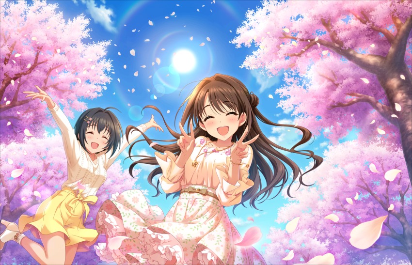 2girls black_hair blush closed_eyes dress idolmaster idolmaster_cinderella_girls kohinata_miho long_hair multiple_girls renfan_aky sakura shimamura_uzuki smile sun