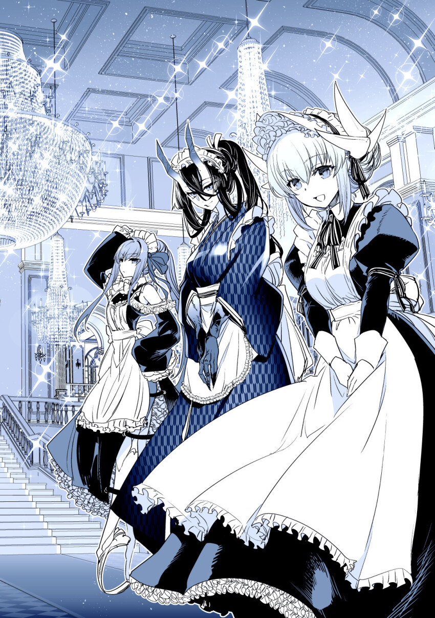 3girls absurdly_long_hair alternate_costume animal_hands apron black_dress claws dragon_girl dragon_horns dress enmaided fate/grand_order fate_(series) frilled_apron frilled_dress frills highres horns ishida_akira juliet_sleeves kijo_kouyou_(fate) kijo_kouyou_(third_ascension)_(fate) kiyohime_(fate) leaning_forward long_hair long_sleeves looking_at_viewer maid maid_apron maid_headdress meltryllis meltryllis_(fate) meltryllis_(swimsuit_lancer)_(fate) multiple_girls multiple_horns open_mouth ponytail prosthesis prosthetic_leg puffy_sleeves smile very_long_hair victorian_maid wa_maid waist_apron white_apron