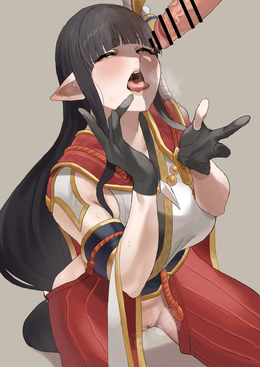 1boy 1girl absurdres bar_censor black_gloves black_hair blunt_bangs breasts censored commentary_request crotchless detached_sleeves female_pubic_hair gloves hetero highres hinoa imminent_fellatio japanese_clothes kneeling large_breasts long_hair mios1225 monster_hunter_(series) monster_hunter_rise open_mouth partially_fingerless_gloves penis pointy_ears pubic_hair pussy sidelocks simple_background solo_focus sparse_pubic_hair sweat tongue tongue_out wide_sleeves yellow_eyes