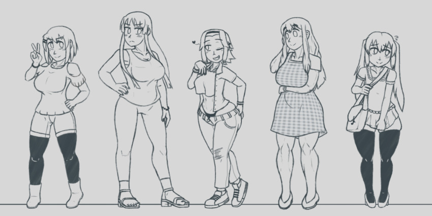 1girl 5girls akiyama_mio alternate_costume apron azugarosu bag bare_shoulders boots bracelet breasts cleavage closed_mouth collarbone collared_jacket crop_top dress everyone flying_sweatdrops full_body greyscale gyaru hair_ornament hairband hairclip heart hirasawa_yui huge_breasts jacket jewelry k-on! kotobuki_tsumugi large_breasts long_hair looking_to_the_side monochrome multiple_girls nakano_azusa navel open_clothes open_jacket panties pants sandals shirt shoes short_hair shorts shoulder_bag sketch skirt smile standing tainaka_ritsu thick_eyebrows thick_thighs thighhighs thighs twintails underwear