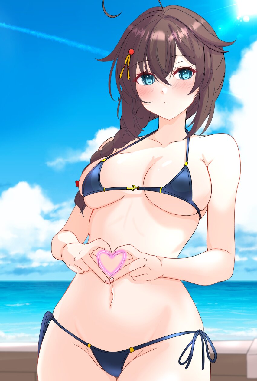 1girl absurdres ahoge bare_shoulders bikini blue_bikini blue_eyes blush braid breasts brown_hair hair_ornament hairclip heart heart_hands highres kantai_collection large_breasts looking_at_viewer micro_bikini navel nitamako_(sakamalh) outdoors shigure_(kancolle) side-tie_bikini_bottom solo swimsuit