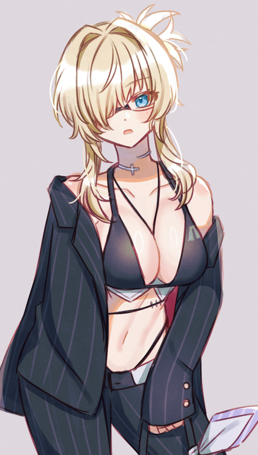1girl absurdres bag bikini black_bikini black_jacket black_pants blonde_hair blue_eyes breasts choker cleavage collarbone commentary_request cowboy_shot cross cross_choker glasses goddess_of_victory:_nikke grave_(beautiful_you)_(nikke) grave_(nikke) grey_background hair_between_eyes hair_intakes highleg highleg_bikini highres holding holding_bag hoshino_hikari jacket large_breasts long_hair long_sleeves looking_at_viewer navel official_alternate_costume official_alternate_hairstyle open_mouth pants pinstripe_jacket pinstripe_pants pinstripe_pattern ponytail short_ponytail sidelocks simple_background single_bare_shoulder solo standing stomach swimsuit