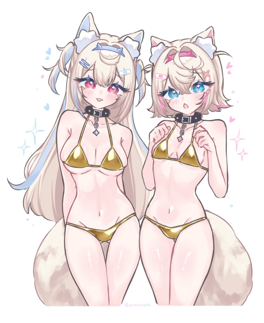 2girls absurdres alternate_costume animal_ear_fluff animal_ears bikini blonde_hair blue_eyes blush breasts collar fuwawa_abyssgard gold_bikini heart highres hololive hololive_english large_breasts long_hair looking_at_viewer midriff mococo_abyssgard multiple_girls open_mouth red_eyes short_hair simple_background small_breasts sparkle swimsuit tail twitter_username virtual_youtuber white_background yamiescupid