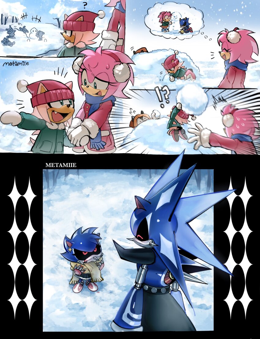 !? 2boys 2girls amy_rose artist_name blood father_and_daughter furry furry_female furry_male green_eyes hat highres humanoid_robot if_they_mated looking_at_another looking_up metal_sonic metamiie mother_and_son multiple_boys multiple_girls neo_metal_sonic red_eyes robot scarf snow snowball snowman sonic_(series) winter_clothes