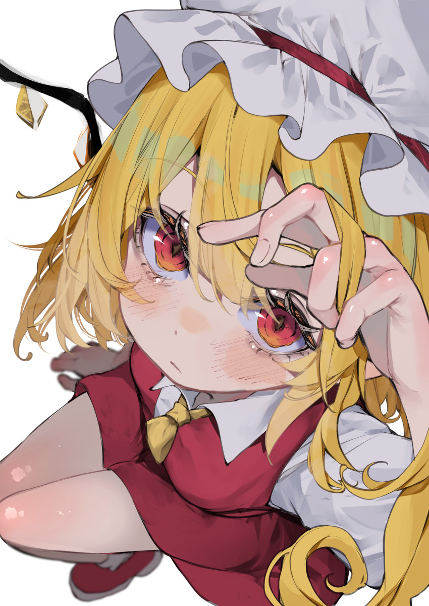 1girl absurdres blonde_hair breasts crystal_wings flandre_scarlet from_behind hat highres kararage_tsune long_hair looking_up medium_breasts mob_cap red_eyes red_shirt red_skirt shirt side_ponytail simple_background sitting skirt solo touhou white_background white_hat