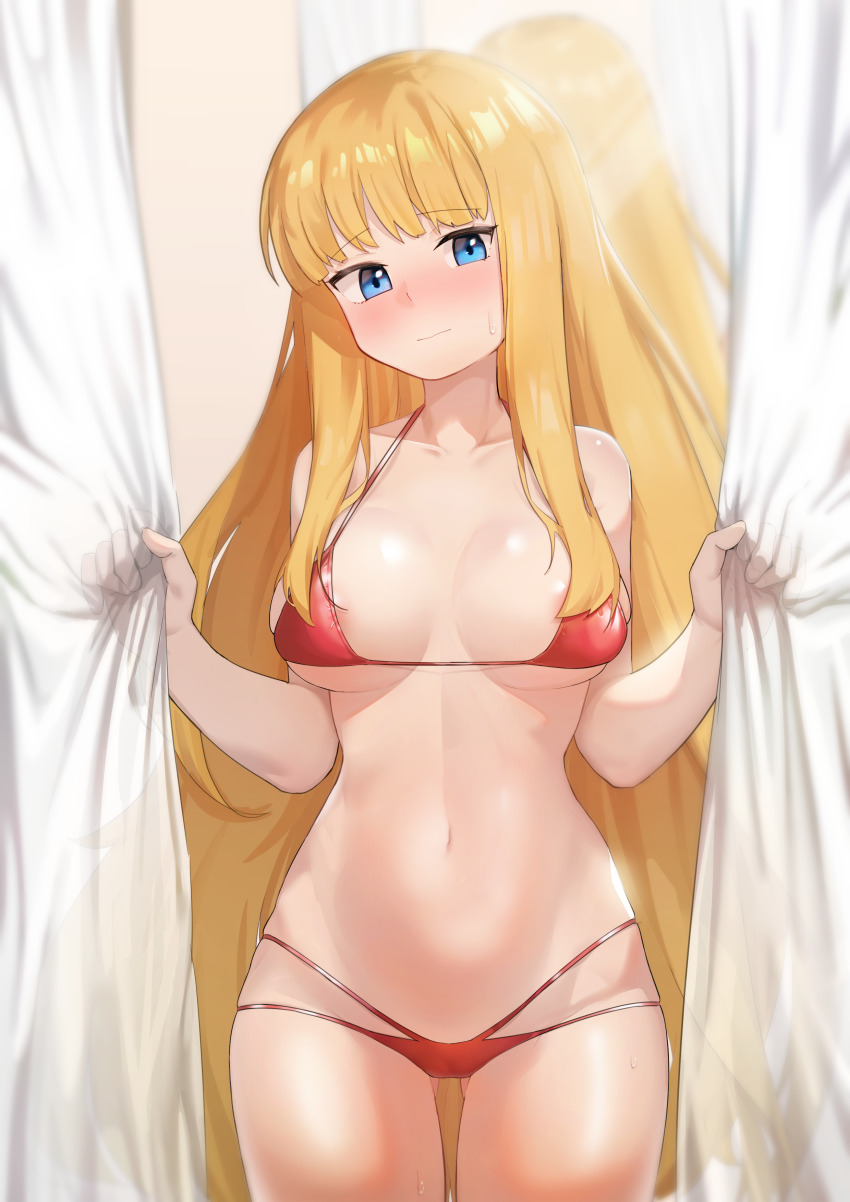 1girl absurdres areola_slip bikini blonde_hair blue_eyes blush breasts cardinal_armand closed_mouth commission cowboy_shot curtain_grab curtains embarrassed fitting_room gluteal_fold halterneck highres indoors last_origin long_hair medium_breasts mirror multi-strapped_bikini navel red_bikini reflection shiny_skin sidelocks skindentation solo string_bikini sweatdrop swimsuit very_long_hair wweed