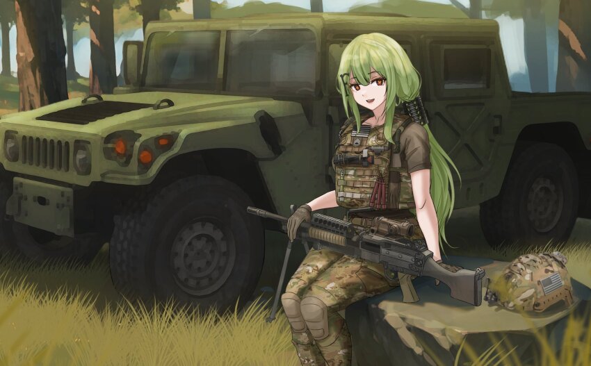 1girl :d brown_eyes brown_gloves camouflage camouflage_helmet camouflage_pants camouflage_vest commentary day dgkamikaze english_commentary forest gloves green_hair gun helmet highres holding holding_gun holding_weapon humvee load_bearing_vest long_hair military_vehicle motor_vehicle nature open_mouth original outdoors pants scope second-party_source sitting smile solo tree united_states_army unworn_headwear unworn_helmet weapon