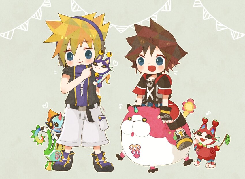 2boys animal belt blue_eyes blush brown_hair crossover crown_necklace dream_eater_(kingdom_hearts) fingerless_gloves gloves headphones high_collar highres kingdom_hearts kingdom_hearts_3d:_dream_drop_distance loose_belt male_focus multiple_boys orange_hair sakuraba_neku shirt shorts sleeveless sleeveless_shirt sora_(kingdom_hearts) spiked_hair subarashiki_kono_sekai white_shorts