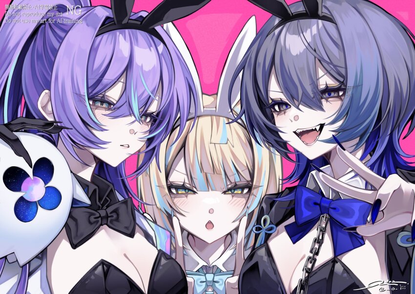 3girls 402_(o0_xxx) :o black_bow black_bowtie black_gloves black_leotard blonde_hair blue_bow blue_bowtie blue_hair blue_nails bow bowtie breasts chain chain_leash cleavage commentary detached_collar double_v fingernails genderswap genderswap_(mtf) gloves green_eyes grey_eyes half-closed_eyes hibachi_mana highres hoshirube_sho koyanagi_rou large_breasts leash leotard looking_at_viewer multicolored_hair multiple_girls nail_polish nijisanji open_mouth otomo_(hoshirube_sho) parted_lips pink_background ponytail purple_hair sharp_fingernails signature simple_background streaked_hair symbol-only_commentary teeth tongue v virtual_youtuber w watermark
