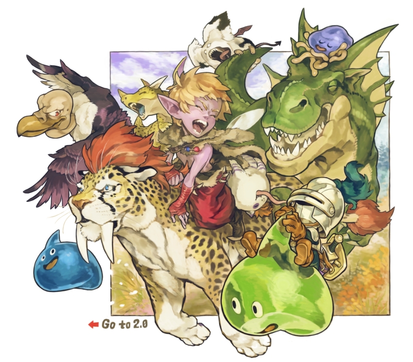 1boy 6+others aburaya_tonbi blonde_hair border closed_eyes colored_skin commentary_request dragon dragon_quest dragon_quest_x elf_(dq10) english_text fairy_wings great_sabrecat hacksaurus hand_wraps healslime highres horns jailcat knight monster monster_master_(dragon_quest_x) multiple_others open_mouth pants pelt pointy_ears purple_skin red_pants riding sharp_teeth short_hair slime_(dragon_quest) slime_knight small_fry_(dragon_quest) spotted_fur teeny_sanguini teeth tongue tongue_out topless_male white_border wings yellow_fur