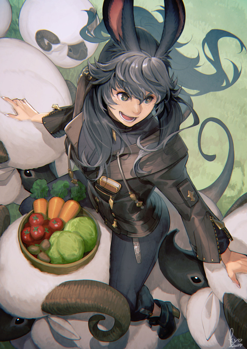 1girl absurdres animal_ears black_eyes black_footwear black_hair black_jacket blue_pants bowl breasts cabbage carrot denim final_fantasy final_fantasy_xiv full_body grass highres jacket kyo_(kuroichigo) long_hair looking_to_the_side pants petting potato rabbit_ears riding riding_animal shadow sheep small_breasts smile solo teeth tomato very_long_hair viera warrior_of_light_(ff14) zipper zipper_pull_tab