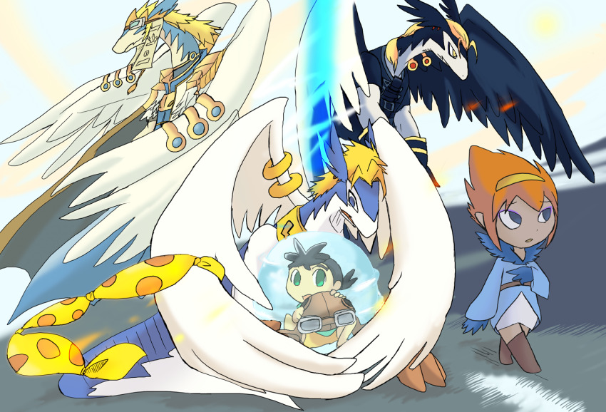 anna_(legendz) blue_eyes colonel_windragon dragon dual_persona goggles harpy_(legendz) legendz ranshiin_(legendz) red_hair shiron_(legendz) shuzo_matsutani walking wings
