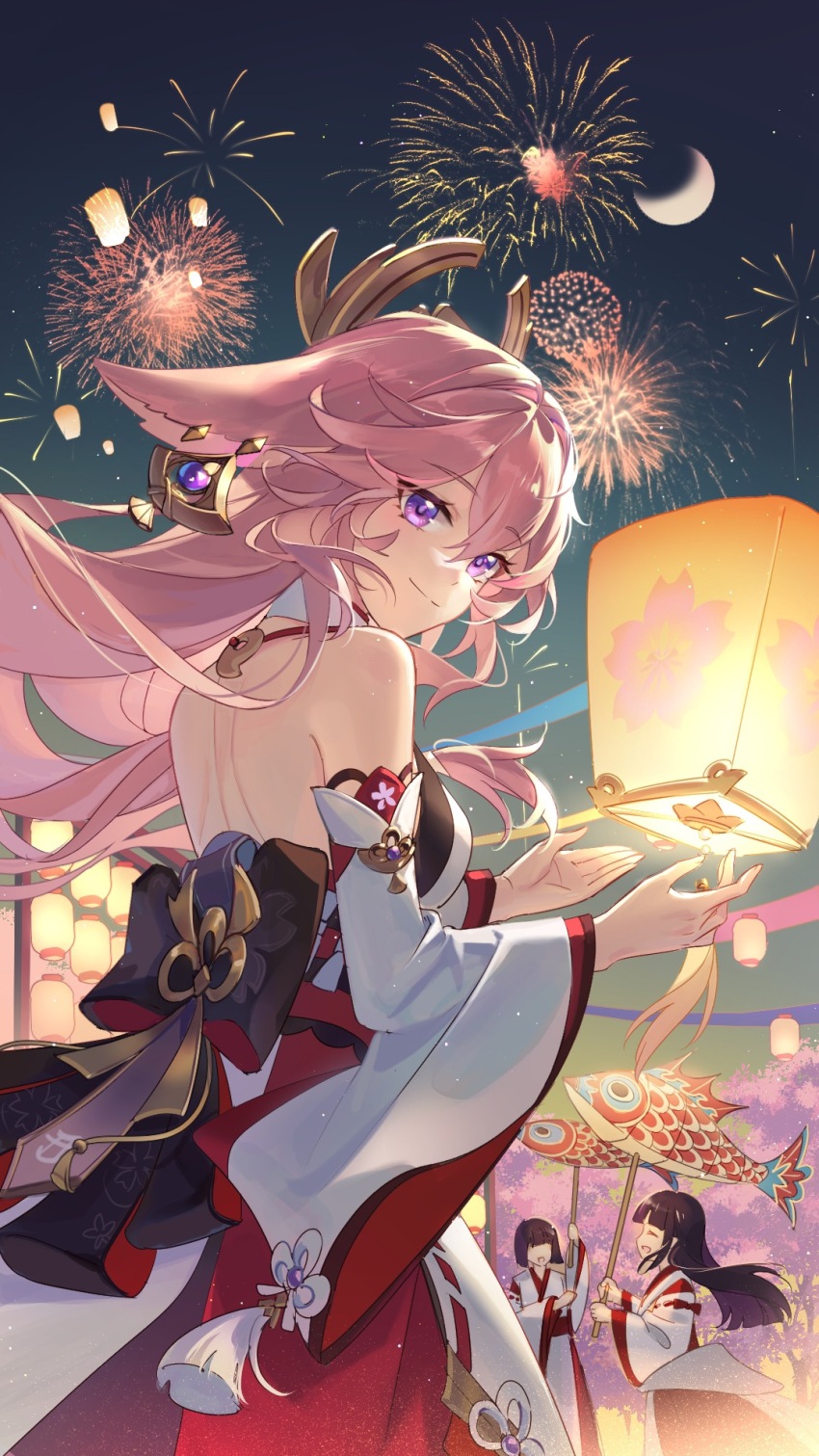 1girl animal_ears back back_bow backless_outfit bare_shoulders bow closed_mouth commentary_request cowboy_shot crescent detached_sleeves earrings festival fireworks floppy_ears fox_ears from_behind genshin_impact hands_up highres japanese_clothes jewelry kimono kongzao lantern long_hair looking_at_viewer looking_back night obi paper_lantern people pink_hair purple_eyes red_skirt sash skirt smile solo_focus split_mouth tassel white_kimono wide_sleeves yae_miko