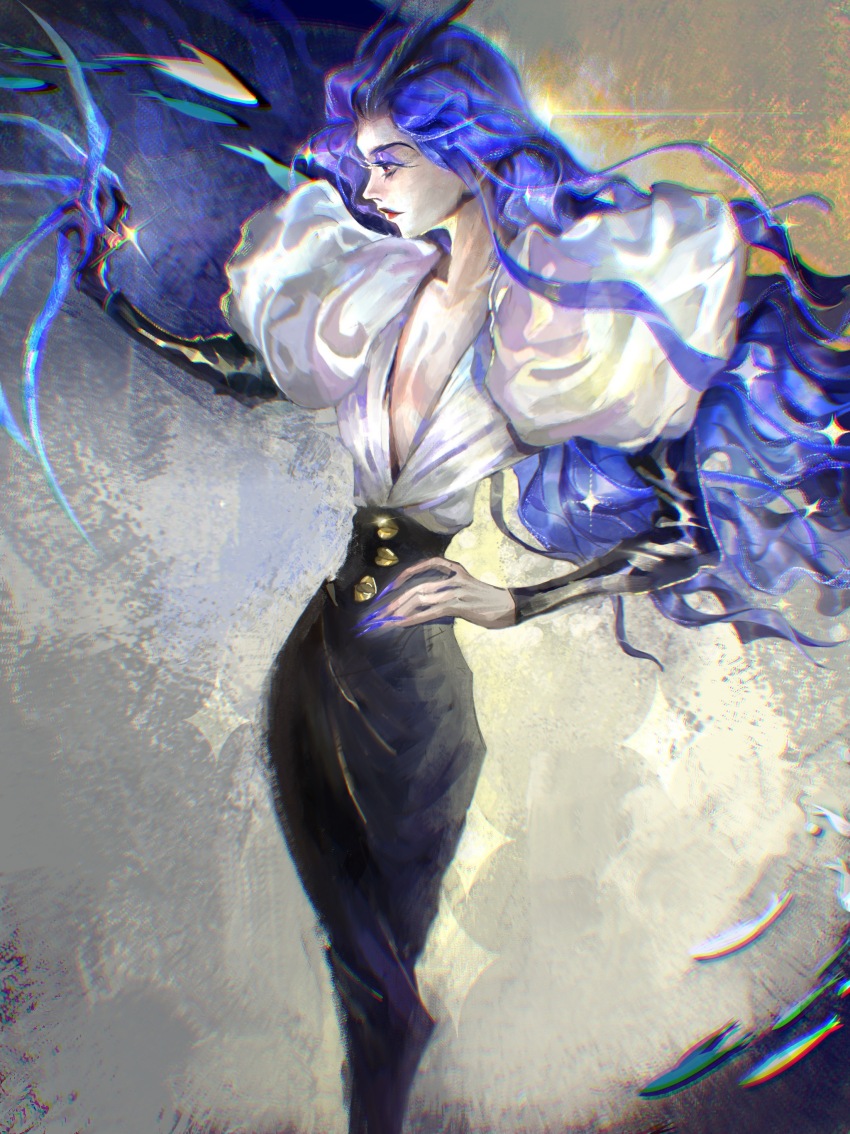 1girl absurdres ao_run_(nezha_zhi_motong_jiangshi) blue_hair dragon_girl dragon_horns floating_hair high-waist_pants highres horns kaoxiannv long_hair nezha_zhi_motong_jiangshi pants solo very_long_hair