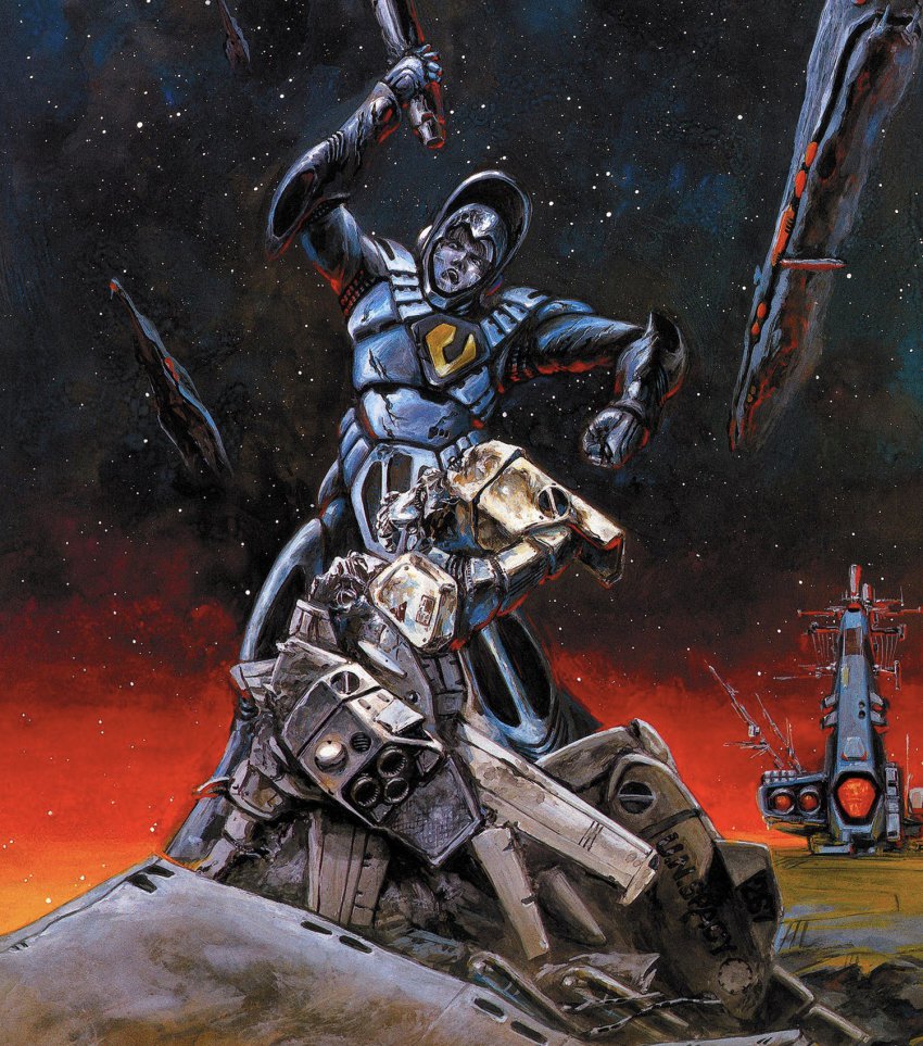 1980s_(style) 1boy angry armor bad_end battle broken_glass choujikuu_yousai_macross colored_skin damaged dusk epic fleet giant glass gloves gun helmet highres macross manly mecha military military_uniform miyatake_kazutaka non-web_source nupetiet-vergnitzs official_art oldschool production_art purple_skin quamzin_kravshera queadol-magdomilla retro_artstyle rifle robot sdf-1 spacecraft spacesuit star_(symbol) storm_attacker takani_yoshiyuki u.n._spacy vf-1 weapon zentradi