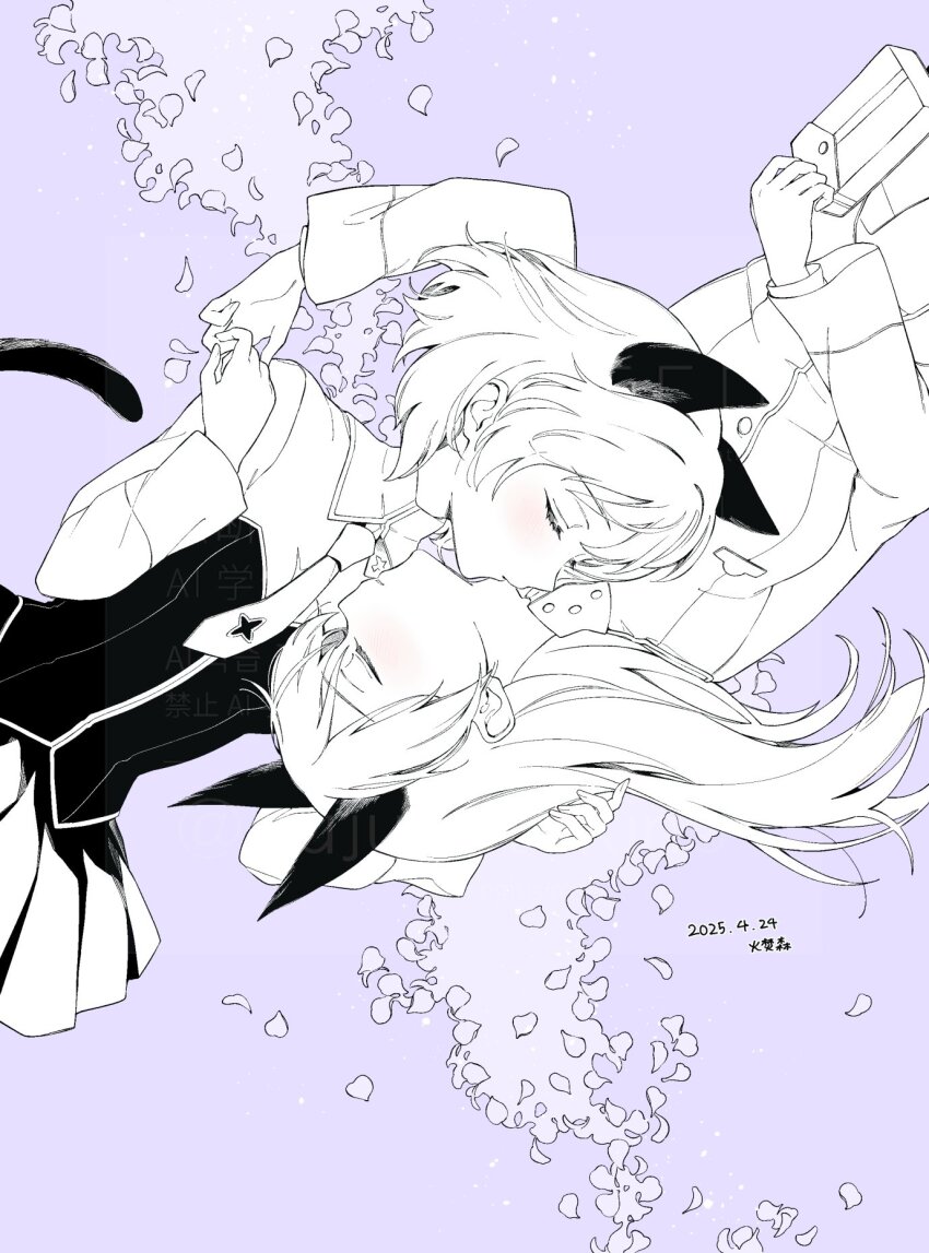 2girls animal_ears cat_ears cat_girl cat_tail closed_eyes eila_ilmatar_juutilainen fox_ears fox_girl highres jacket long_hair military military_uniform monochrome multiple_girls necktie petals saki_hajime sanya_v._litvyak short_hair skirt strike_witches tail world_witches_series yuri