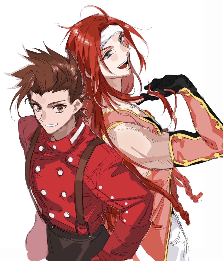 aemono_(lemolemo_lmn) black_pants black_undershirt blue_eyes brown_eyes brown_hair gloves headband highres jacket lloyd_irving pants pink_jacket red_gloves red_hair red_shirt scarf shirt simple_background suspenders tales_of_(series) tales_of_symphonia white_background white_scarf zelos_wilder