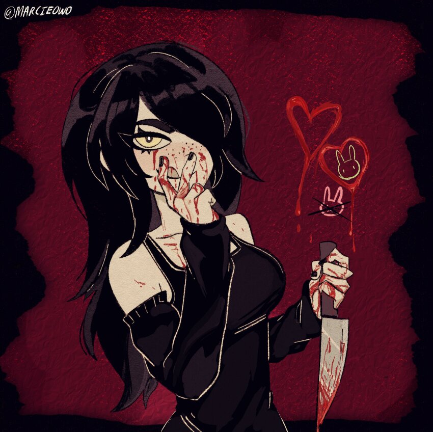 1girl :q bent_v black_border black_hair black_nails black_tank_top blood blood_on_arm blood_on_chest blood_on_face blood_on_hands blood_on_neck bloody_knife blush border breasts bright_pupils closed_mouth commentary detached_sleeves english_commentary freckles hair_over_one_eye heart highres holding holding_knife julia_(the_coffin_of_andy_and_leyley) kitchen_knife knife long_hair long_sleeves looking_at_viewer marcieowo medium_breasts nail_polish red_background reverse_grip sleeves_past_wrists smile solo tank_top the_coffin_of_andy_and_leyley tongue tongue_out twitter_username upper_body v v_over_mouth white_pupils yandere yellow_eyes