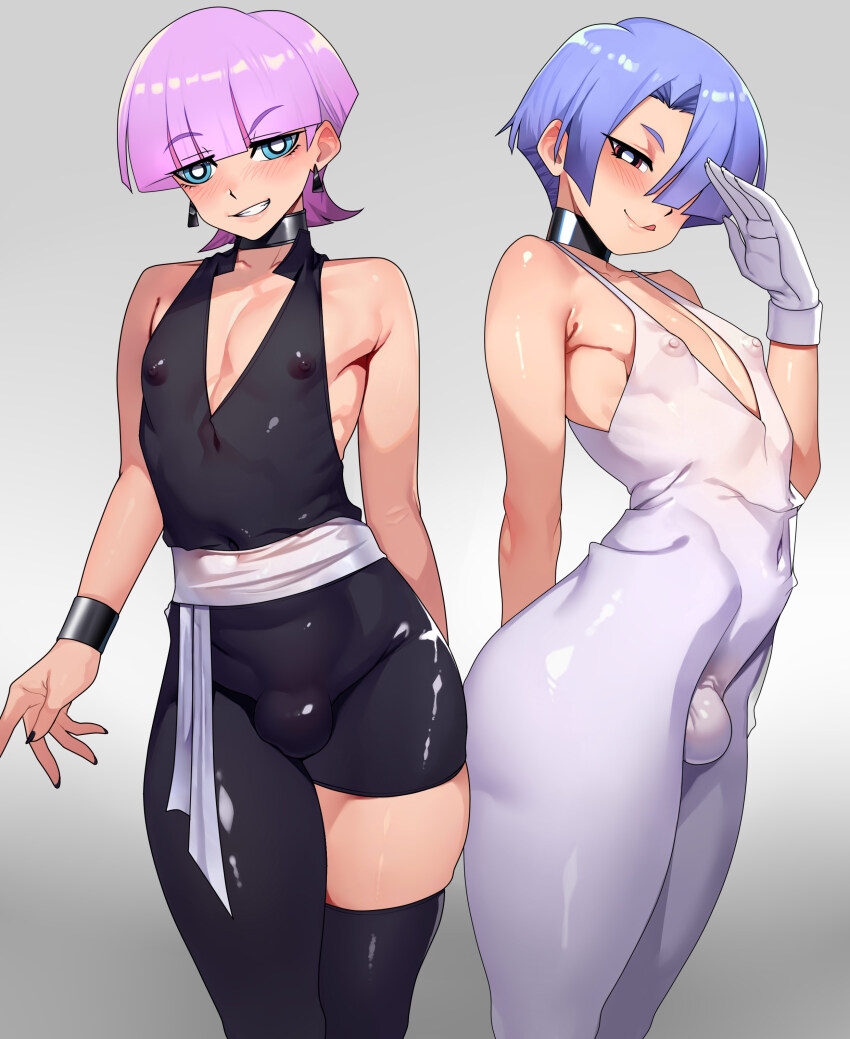 2boys absurdres asymmetrical_clothes bishounen black_jumpsuit blue_eyes boots brothers bulge covered_erect_nipples earrings hair_over_one_eye highres jewelry jumpsuit male_focus multiple_boys panty_&amp;_stocking_with_garterbelt pink_eyes plustina polyester_(psg) polyurethane_(psg) shiny_clothes siblings single_pantsleg single_thigh_boot sleeveless_jumpsuit thigh_boots triangle_earrings white_jumpsuit